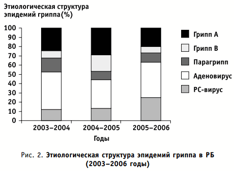 этиологическая структура эпидемий гриппа в РБ (2003-2006 годы)